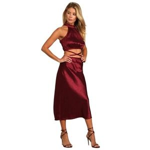 LULU'S FIERCE VISION JACQUARD CUTOUT SATIN MIDI DRESS IN WINE RED NWT SIZE LARGE